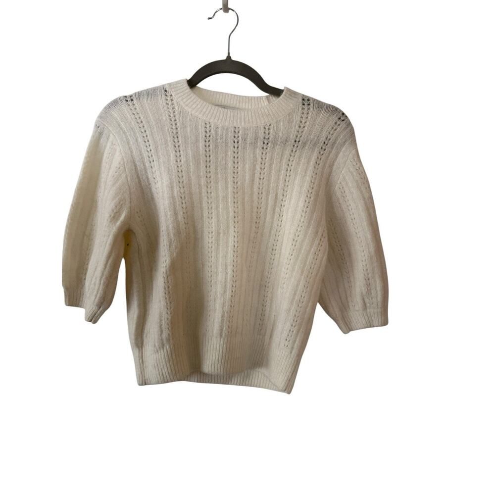 Madewell Size XS Cream Pointelle Sweater Alpaca Wool Blend Puff Sleeve NWT - Picture 2 of 8